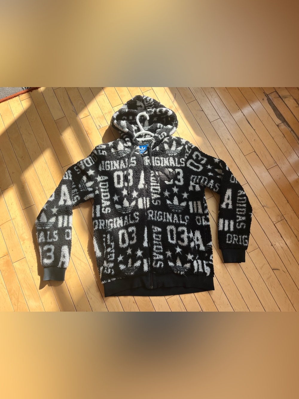 adidas Black and White Sherpa Zip Hoodie with Logo Tag